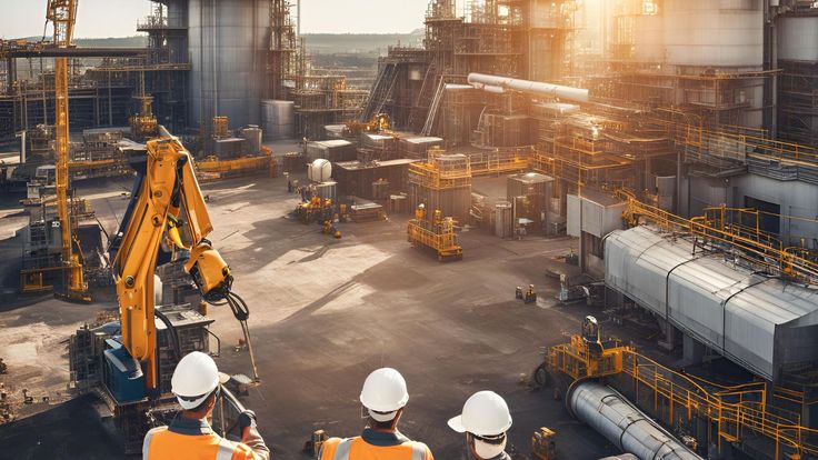 Construction site with workers and machinery