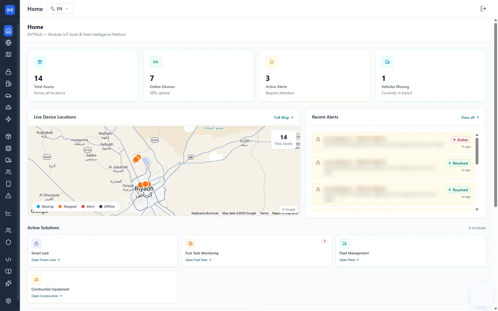 ENTEK IoT home with total assets, online devices, active alerts and a live device map of Riyadh