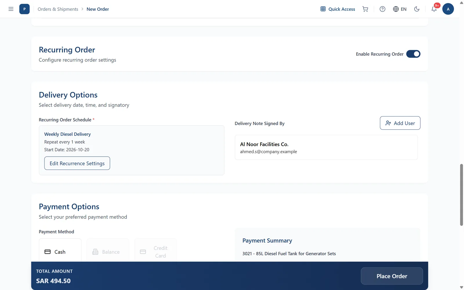 Make the order recurring (optional)